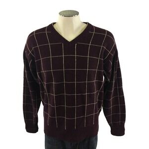 Orvis Vneck 100% Wool Sweater M Maroon Gold Checks Golf Fishing Mens